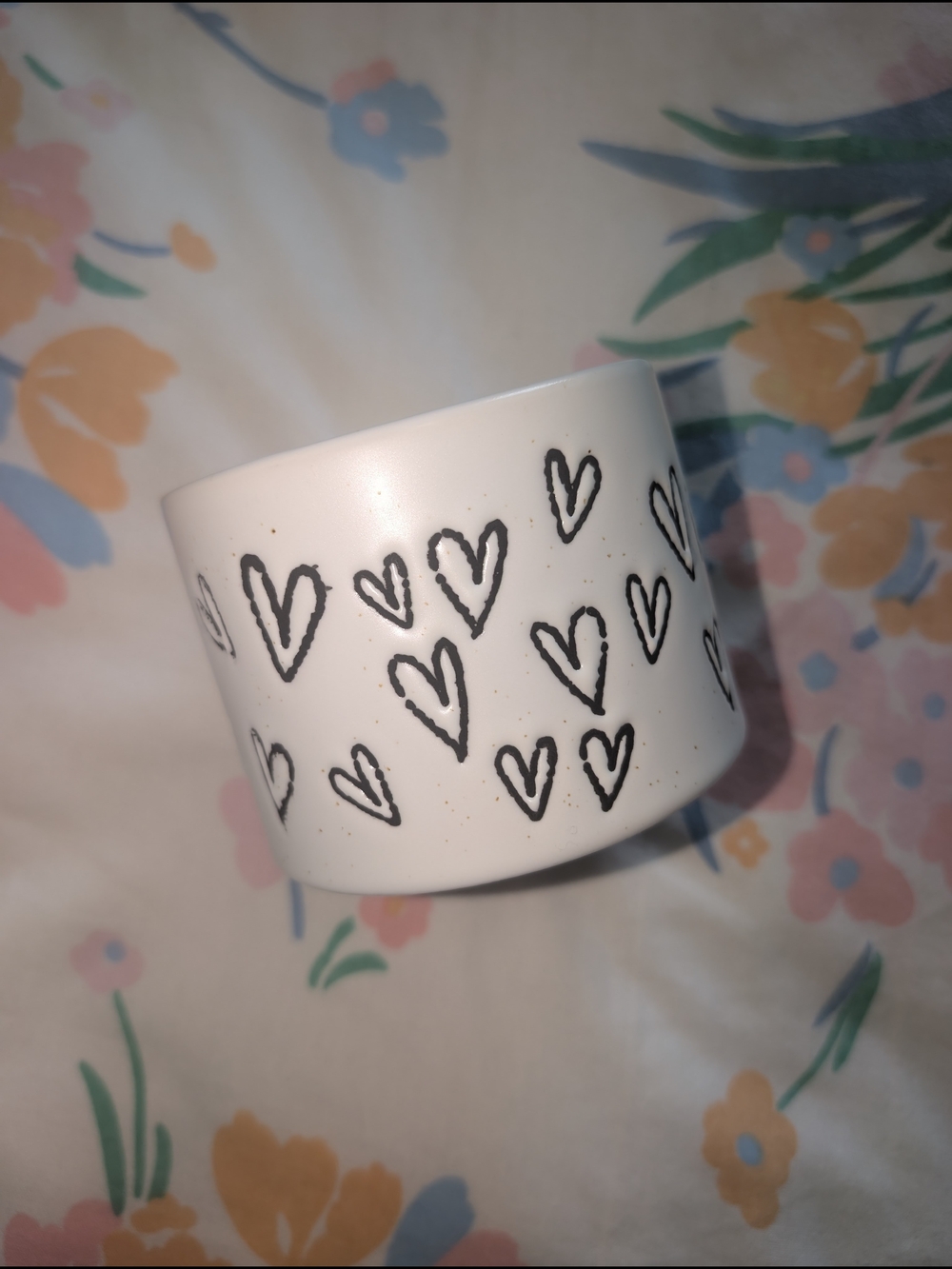 White Ceramic Candle with Black Heart Pattern